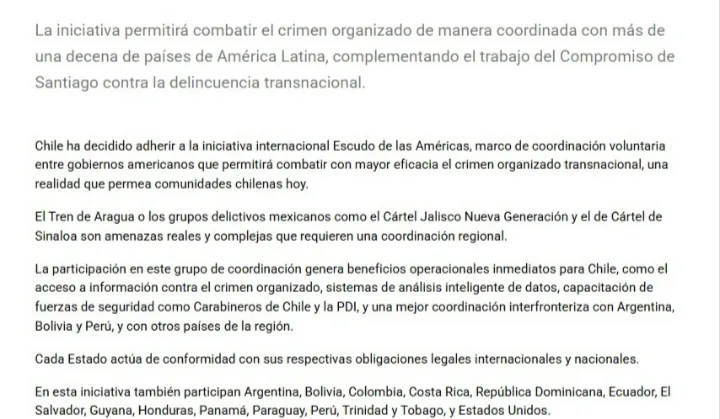 Chile se sumó a la agenda regional de seguridad impulsada por el Escudo de las Américas