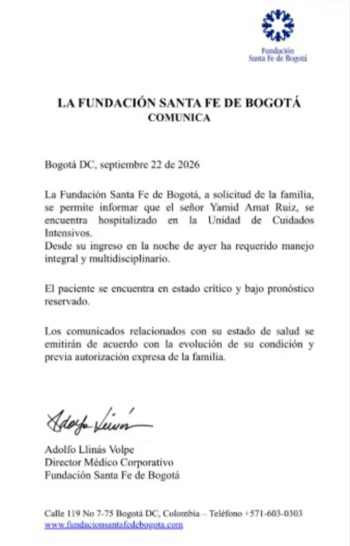 El periodista Yamid Amat requiere manejo integral y multidisciplinario en cuidados intensivos, según comunicado
