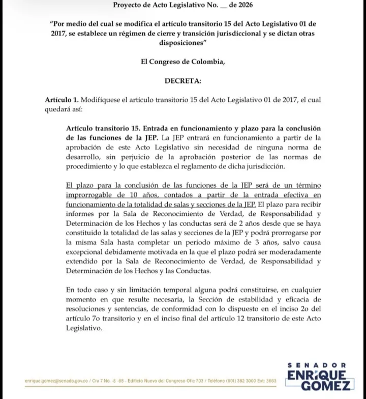 Reforma de Enrique Gómez está planteando cierre de la JEP en 2028 y traslado de procesos pendientes