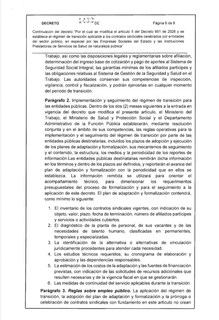 Gobierno fijó nuevo plazo para adaptar los contratos sindicales y preparar la formalización laboral