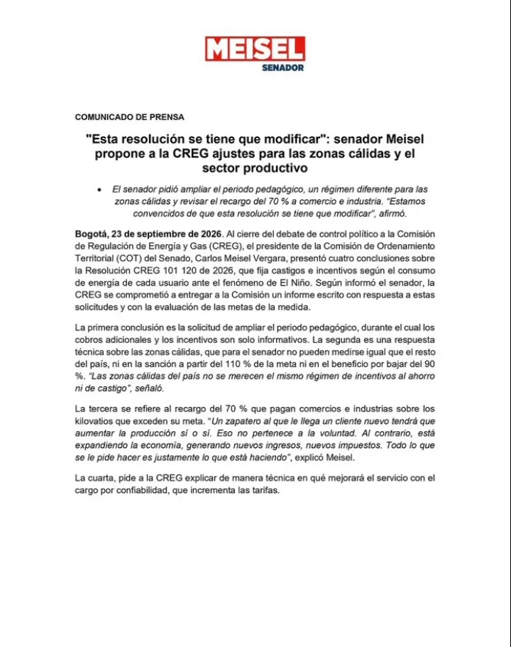 El senador Meisel cuestionó aplicación uniforme de incentivos al ahorro energético en Colombia