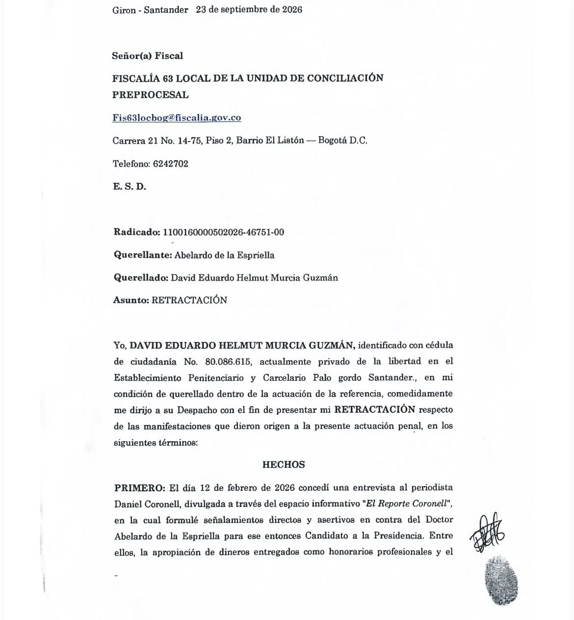 David Murcia Guzmán se retractó de acusaciones contra Abelardo de la Espriella