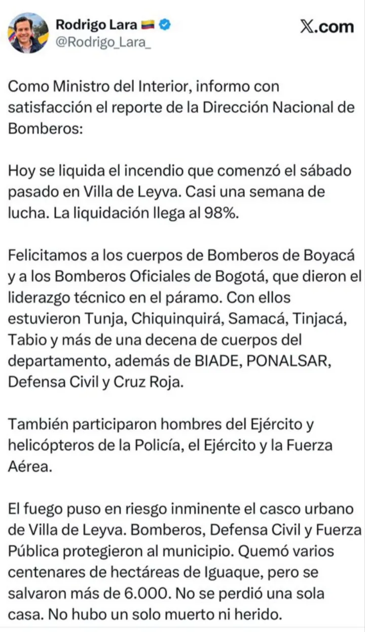Autoridades reportaron 98 % de liquidación del incendio que afectó a Villa de Leyva