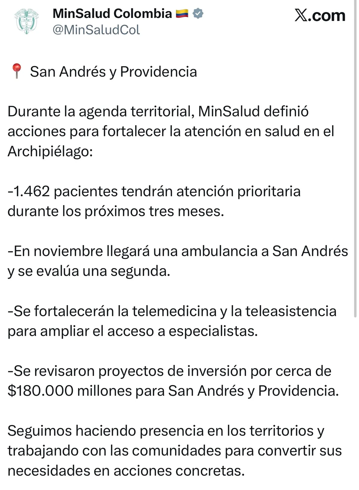 El MinSalud reforzará atención en San Andrés y Providencia