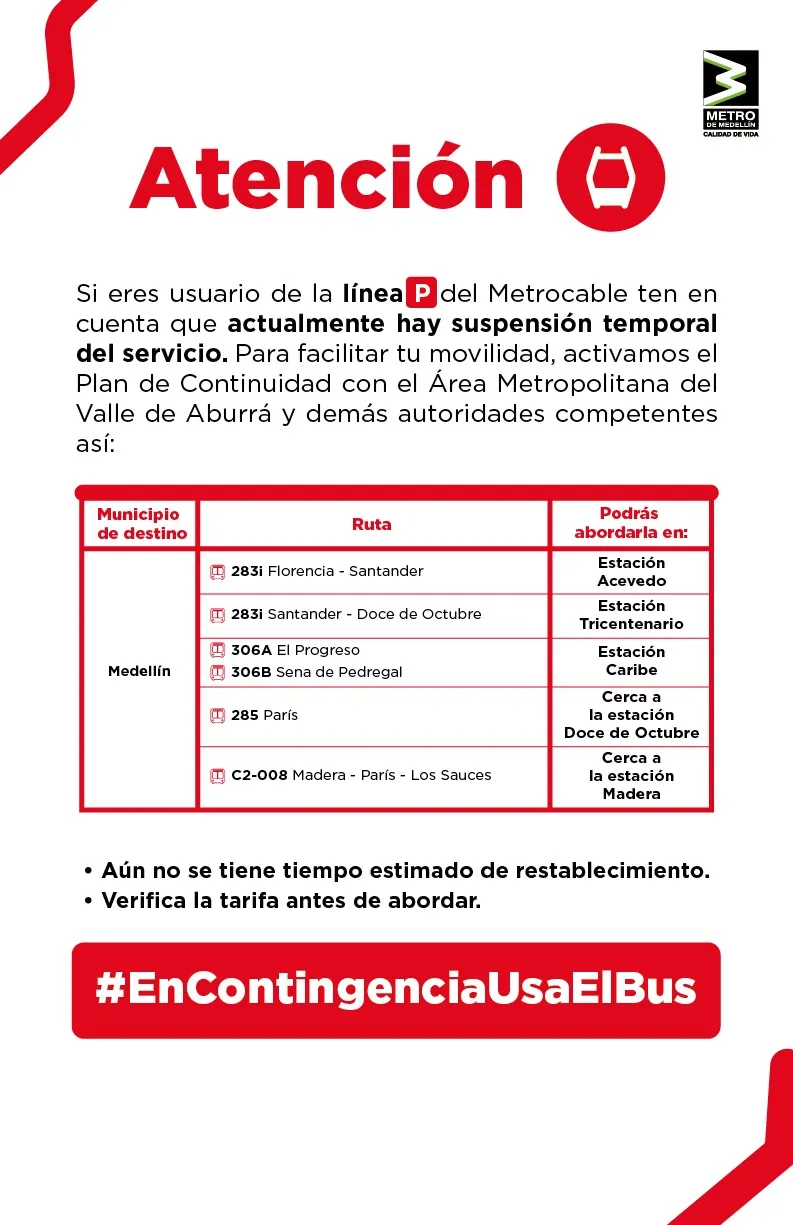 Estas son las rutas alternas tras la suspensión de la Línea P del Metrocable