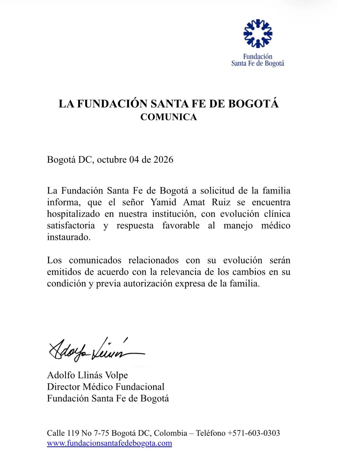 Yamid Amat se encuentra hospitalizado en la Fundación Santa Fe de Bogotá con evolución clínica satisfactoria