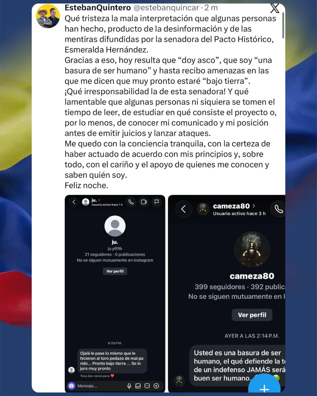 Senador Esteban Quintero denunció amenazas de muerte y señaló a Esmeralda Hernández por presunta desinformación