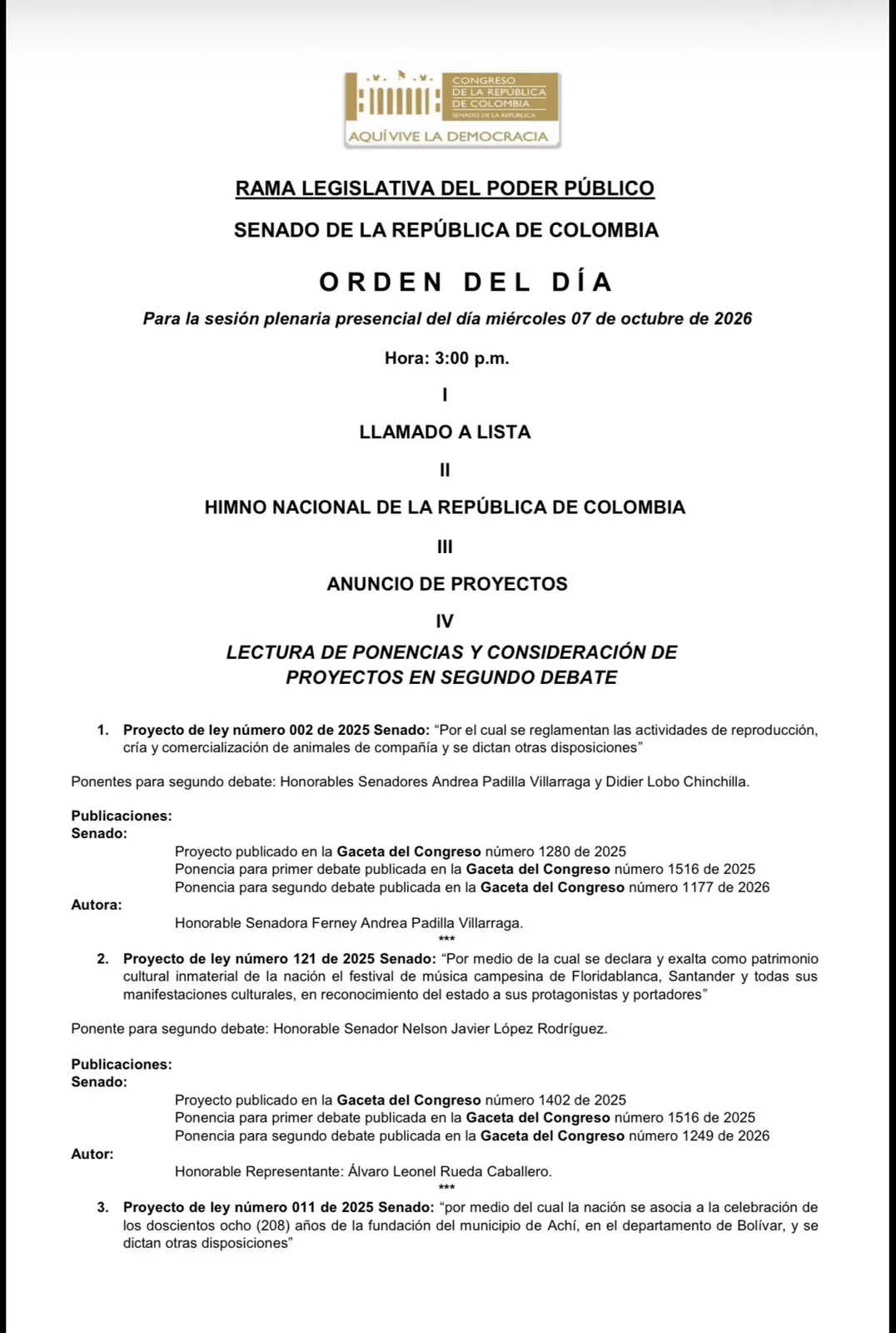 Senado debatirá proyectos sobre bienestar animal, patrimonio cultural y aniversario de Achí este miércoles
