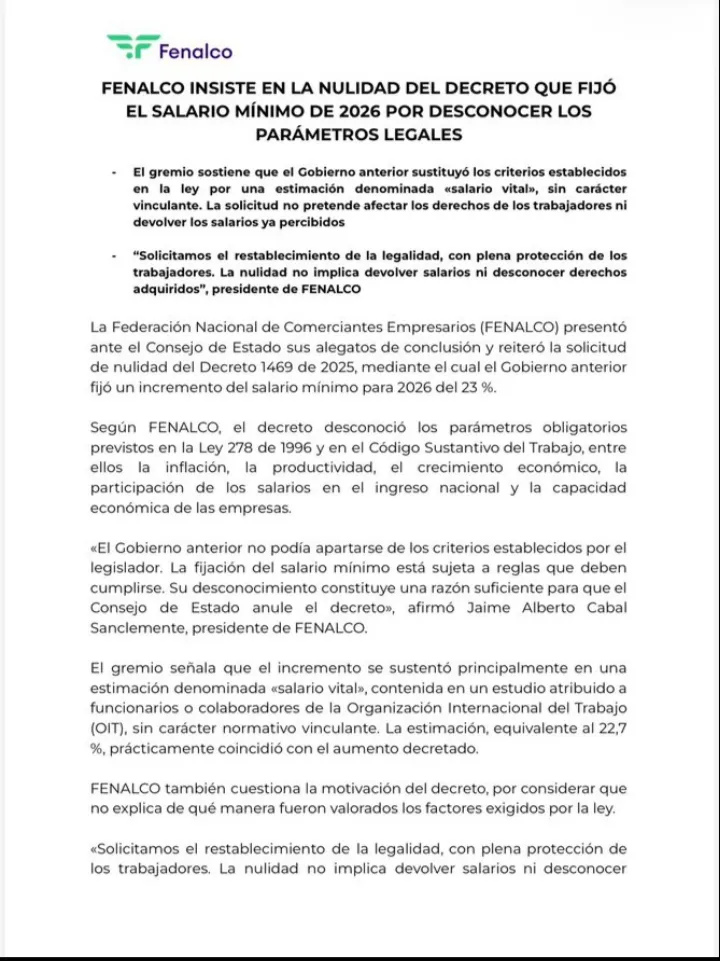 Gremio de comerciantes reiteró solicitud para anular decreto que aumentó 23 % el salario mínimo