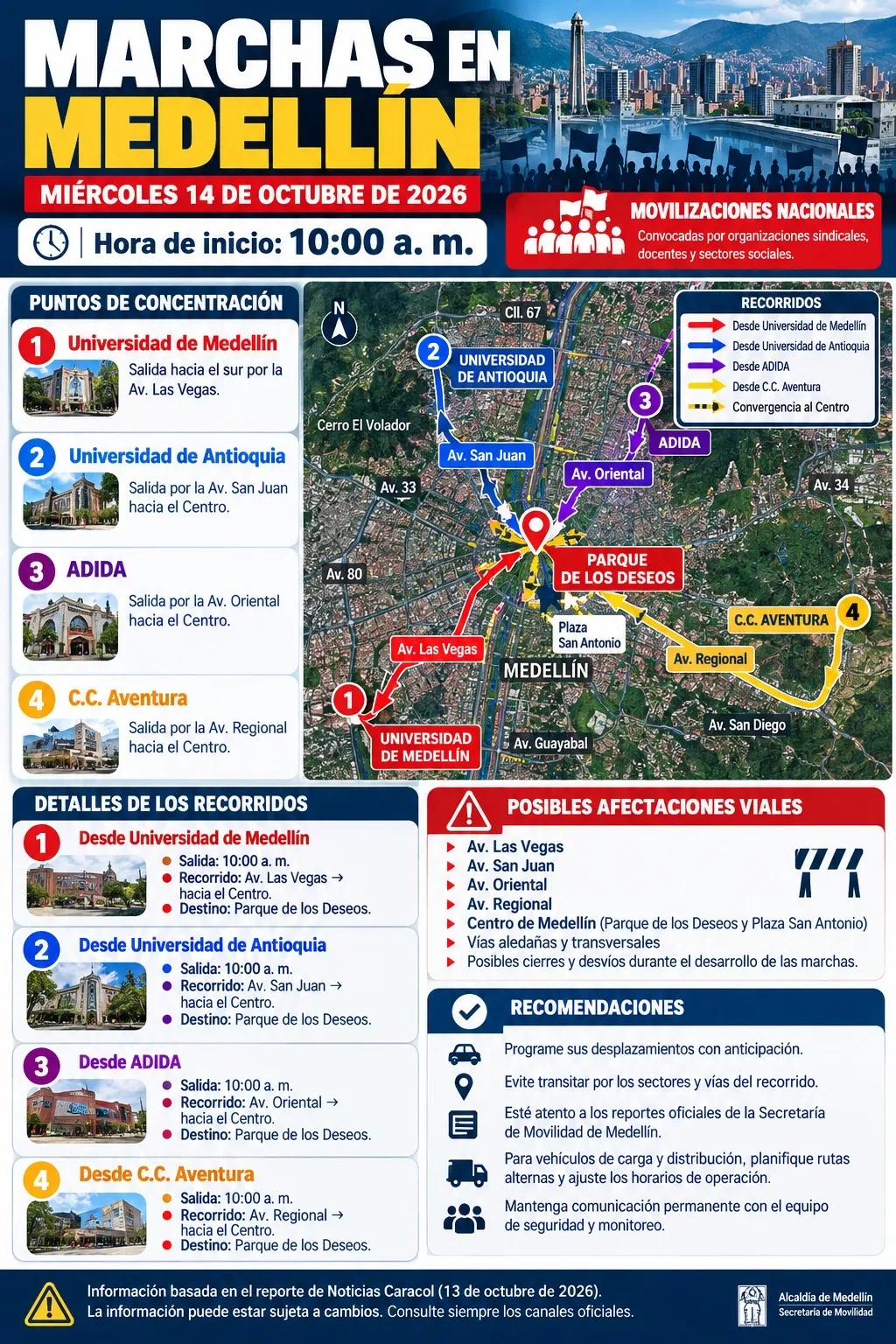 Movilizaciones en Medellín: Conozca los recorridos y puntos de concentración para este miércoles