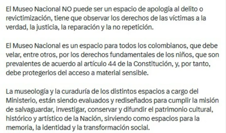 La ministra Paola Holguín afirmó que el Museo Nacional no debe ser instrumento de adoctrinamiento político