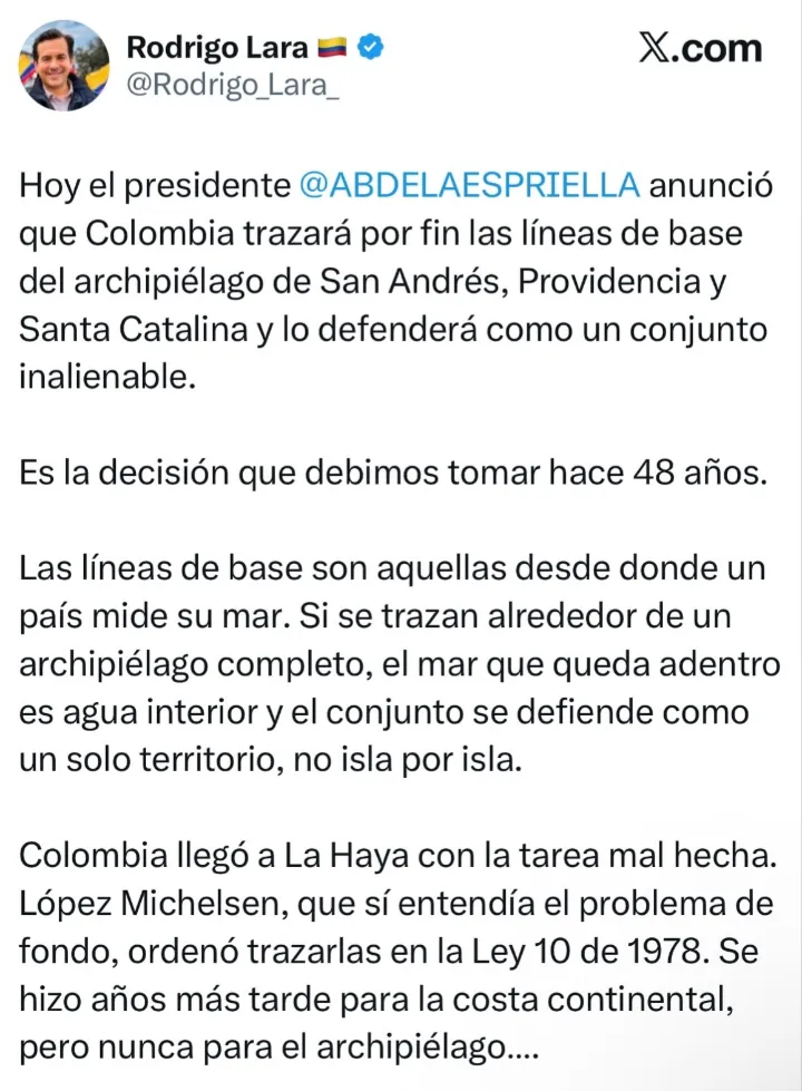 Rodrigo Lara explica la decisión de trazar líneas de base para el archipiélago de San Andrés