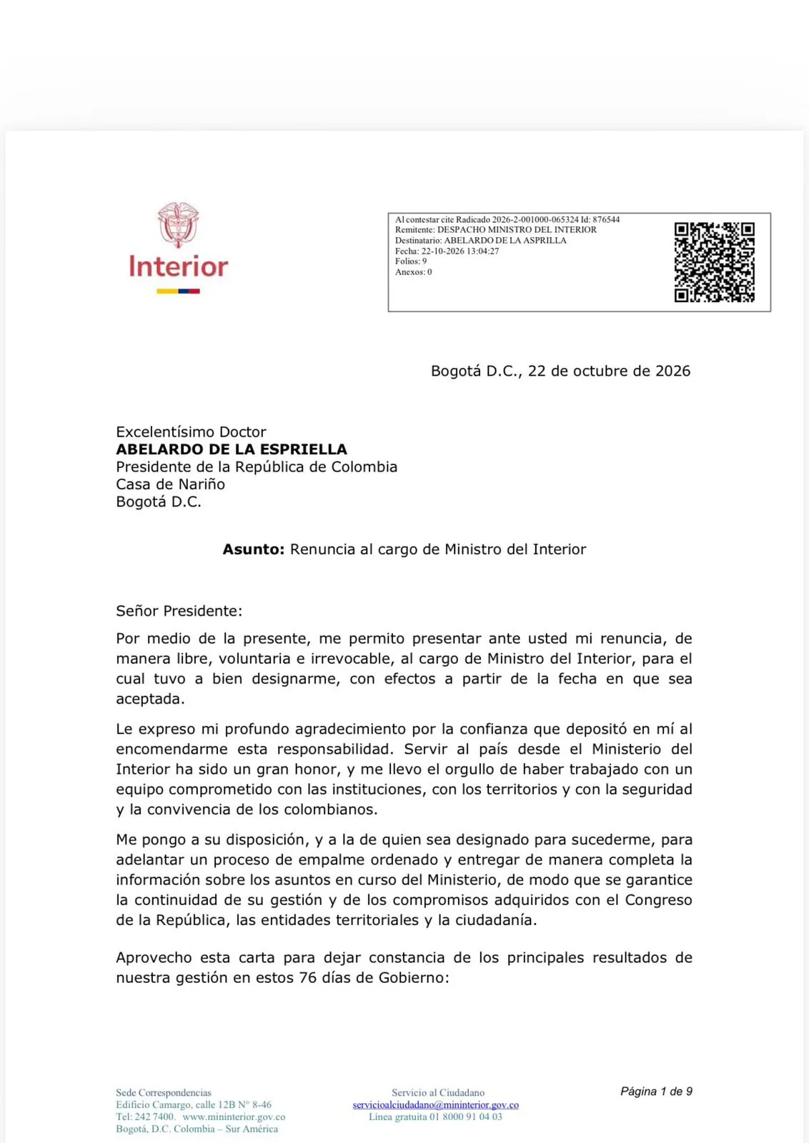 Salida intempestiva del gabinete: Rodrigo renuncia al Ministerio del Interior tras solicitud presidencial