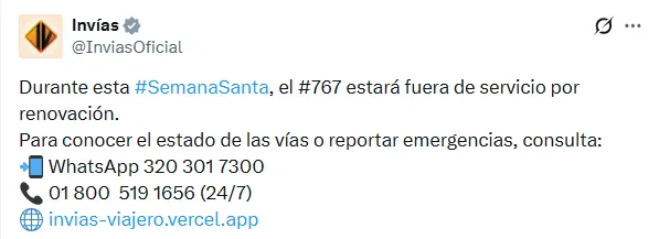 Invías suspendió la línea #767 en Semana Santa y reportó múltiples cierres en vías nacionales