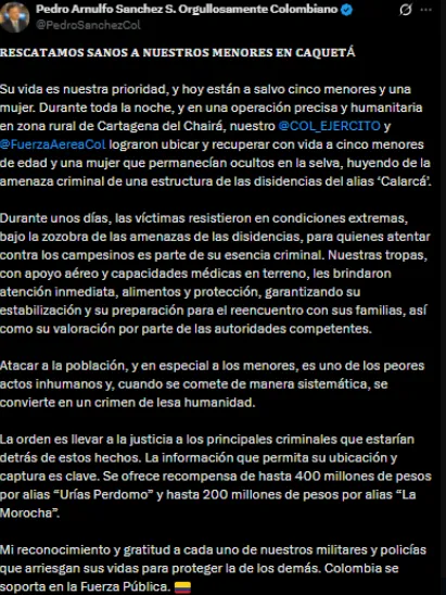 Ejército rescató a los cinco menores reportados como desaparecidos en Caquetá