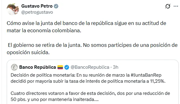 Petro anunció retiro del Gobierno de la junta del BanRep tras alza de tasas al 11,25%