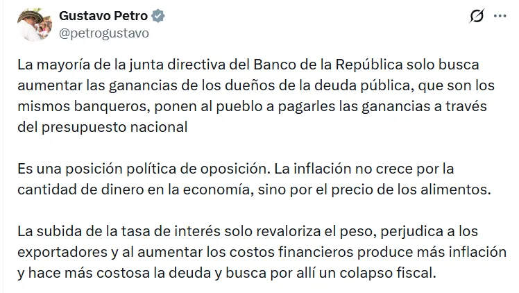 Petro anunció retiro del Gobierno de la junta del BanRep tras alza de tasas al 11,25%