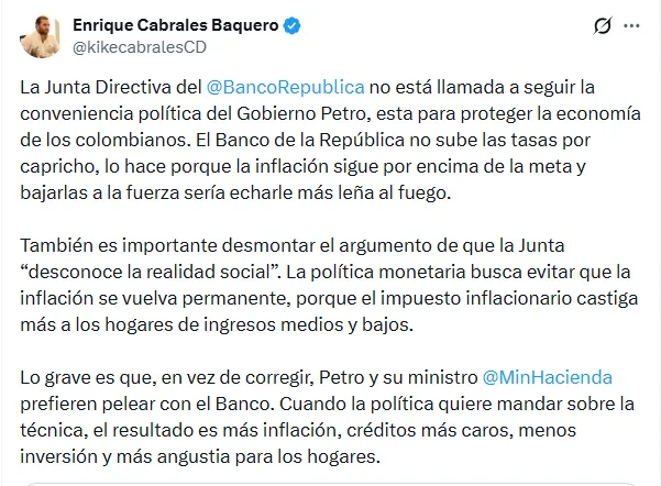 Exministros y dirigentes reaccionaron al choque entre Gobierno y BanRep tras decisión de tasas