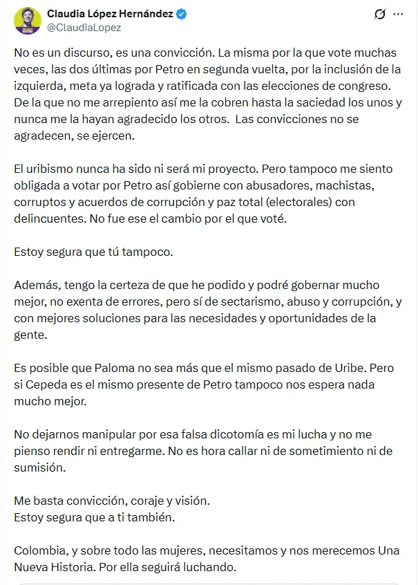 Claudia López planteó la posibilidad de respaldar a Paloma Valencia en una eventual segunda vuelta