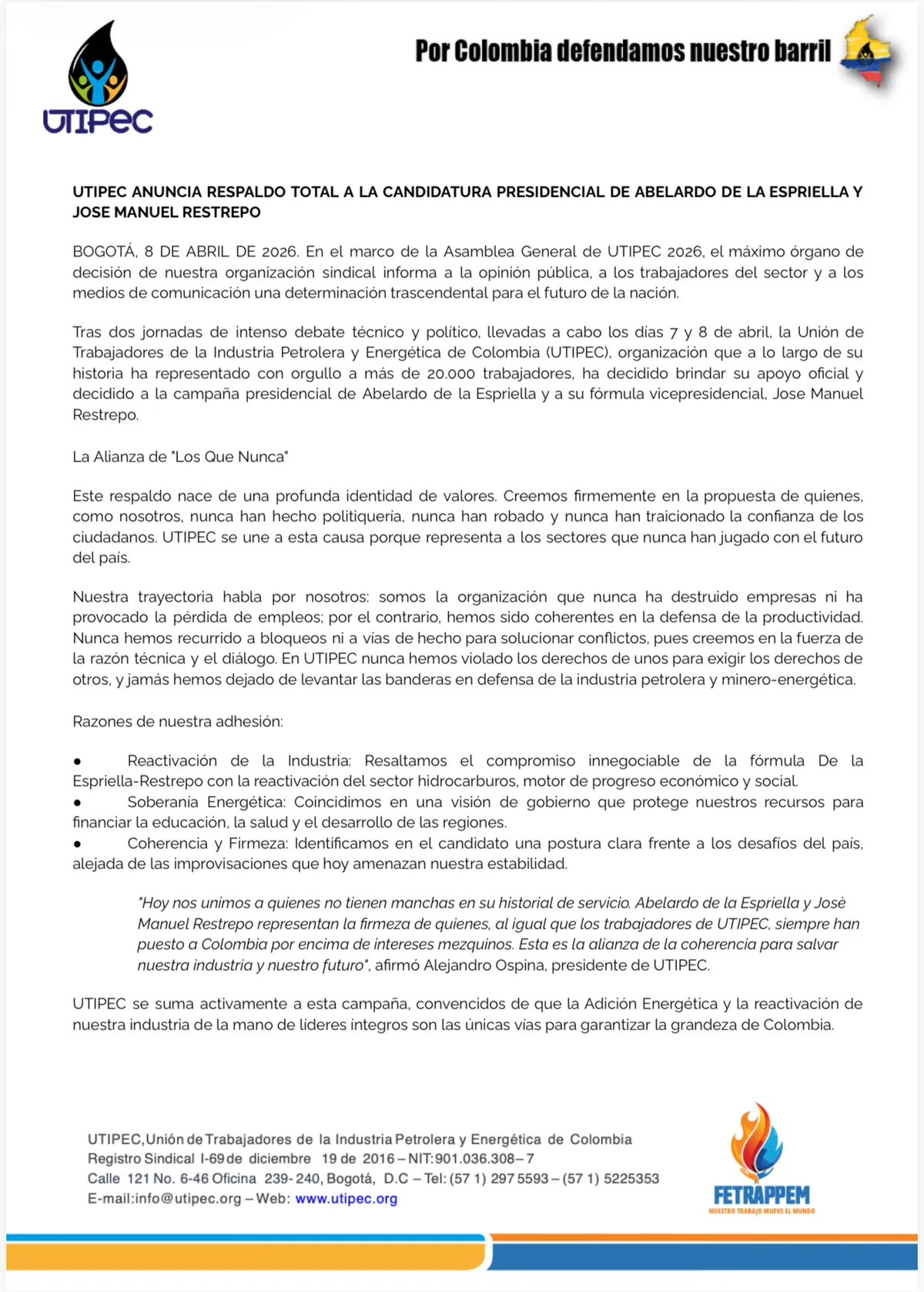 Sindicato UTIPEC anuncia respaldo a candidatura presidencial de Abelardo de la Espriella y José Manuel Restrepo