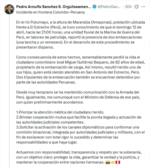 Gobierno exigió a Perú respuestas por operativo en Putumayo que dejó un colombiano muerto