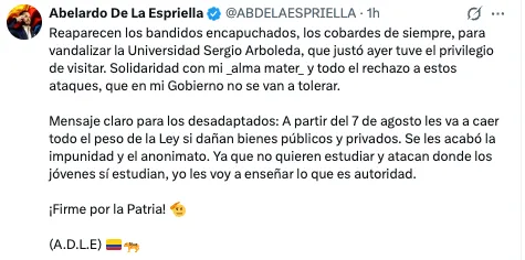 Ataque a la Universidad Sergio Arboleda durante visita de Abelardo de la Espriella genera rechazo político