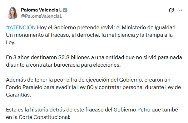 Valencia cuestionó reactivación del MinIgualdad y cuestionó uso de $2,8 billones en su funcionamiento