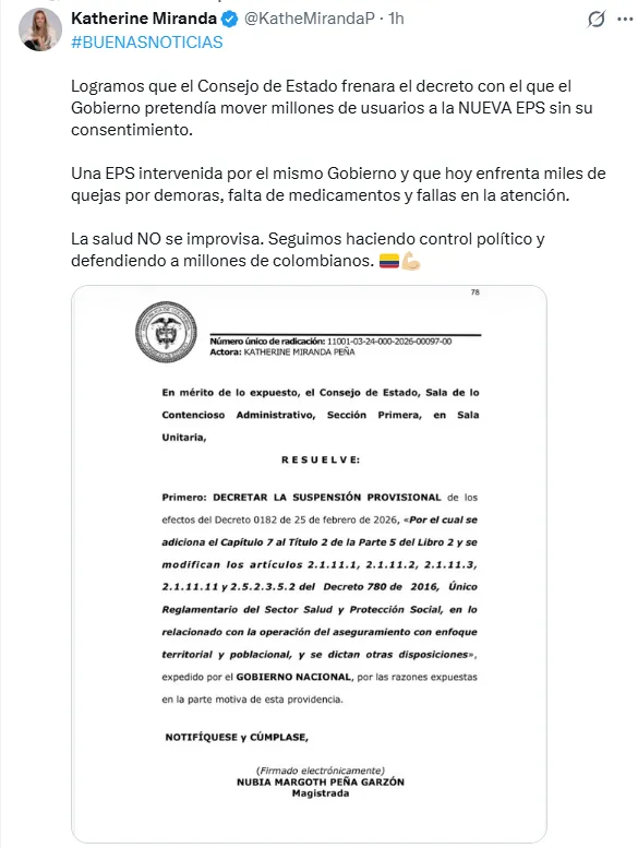 Consejo de Estado ordenó suspensión provisional de decreto sobre reorganización territorial de EPS