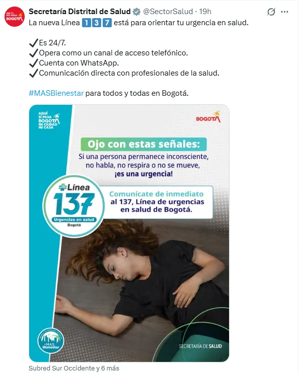 Bogotá habilita la Línea 137 para orientar y canalizar casos de urgencias en salud