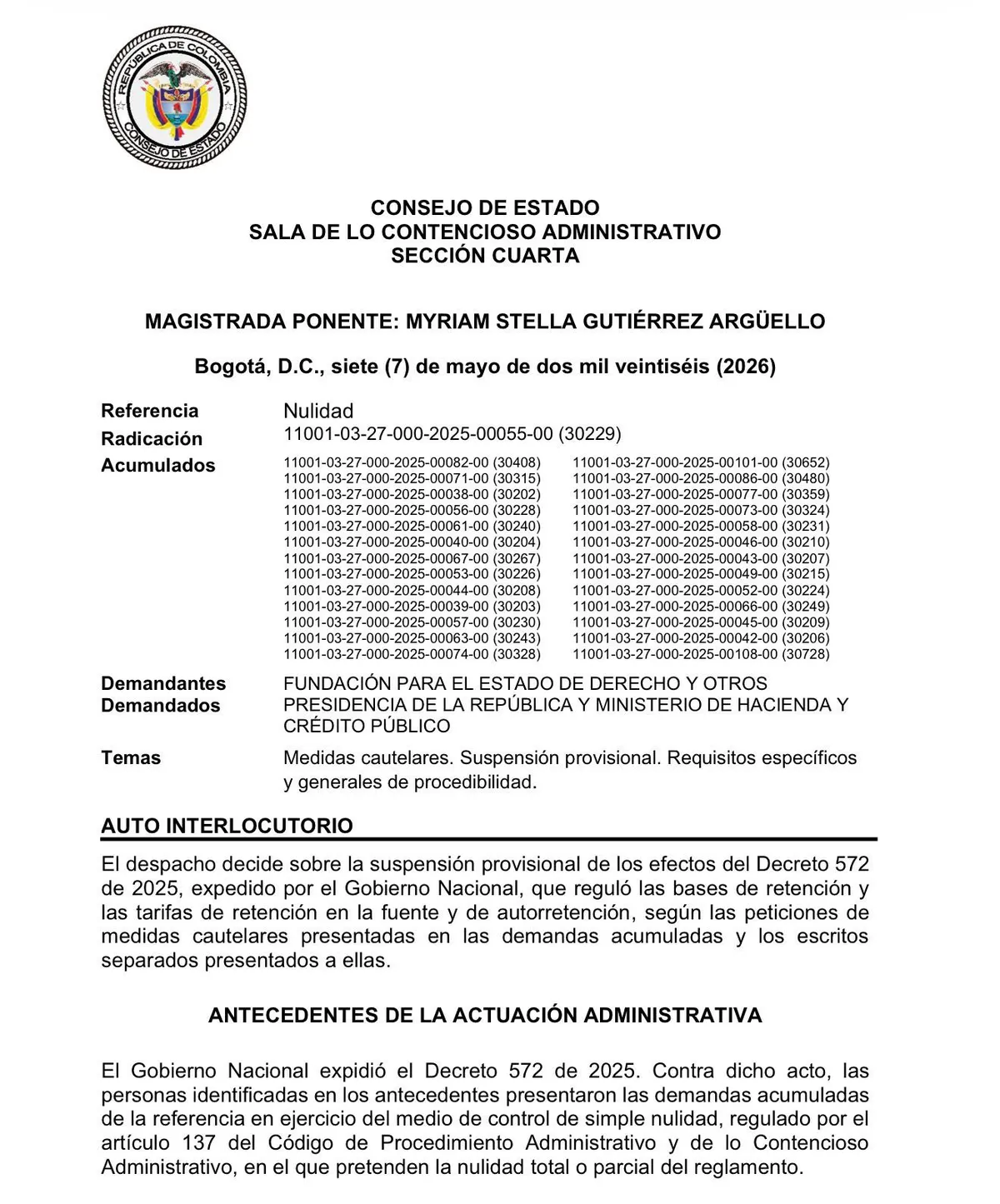 Consejo de Estado suspende decreto sobre retención en la fuente tras demanda de Paloma Valencia