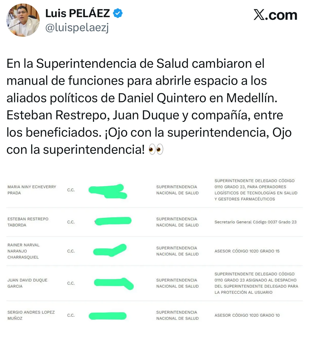 Andrés Forero denuncia presuntas irregularidades en la Supersalud tras llegada de Daniel Quintero