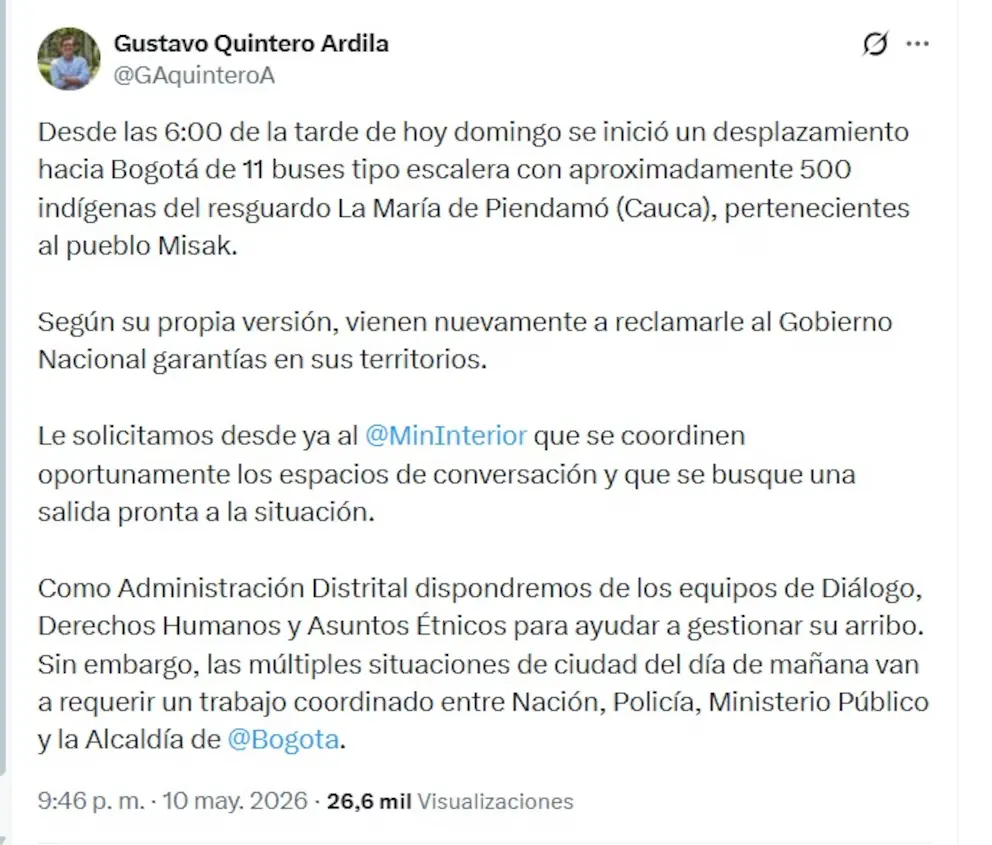 Más de 500 indígenas Misak llegan hoy a Bogotá para exigir garantías territoriales al Gobierno Nacional