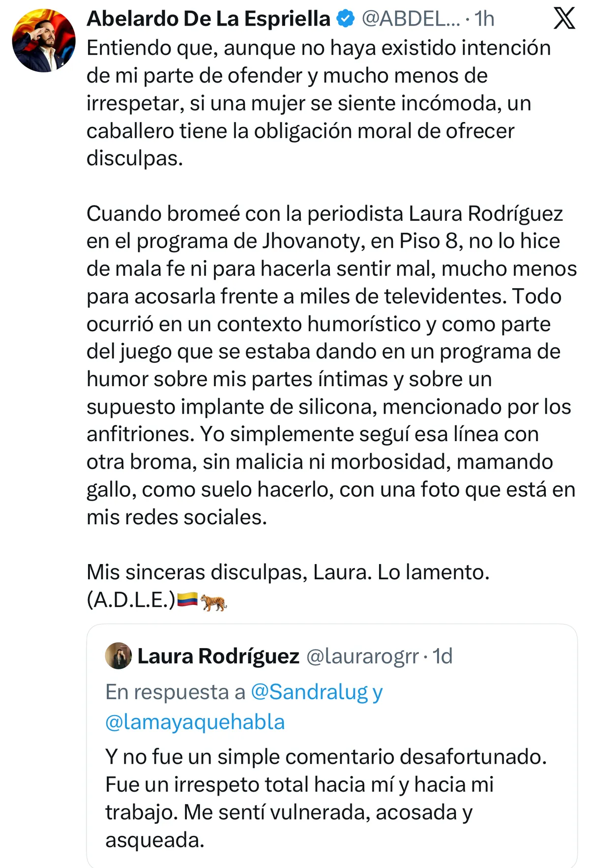 Abelardo De La Espriella ofrece disculpas públicas a periodista Laura Rodríguez tras polémica por comentario en programa de humor