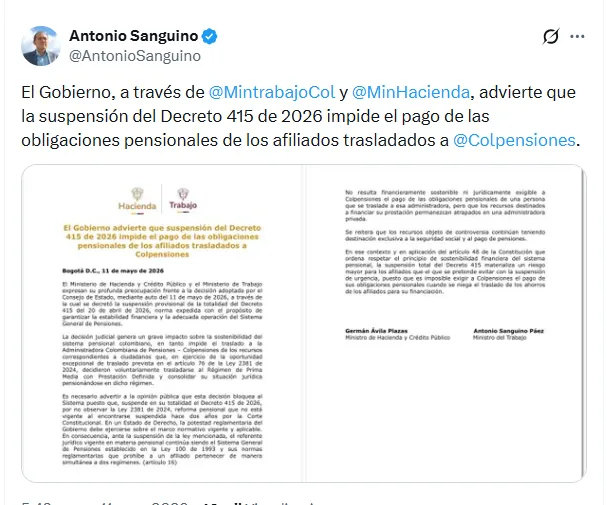 Gobierno anunció acciones judiciales tras suspensión de traslado de recursos a Colpensiones