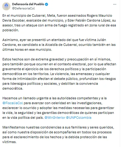 Exalcalde de Cubarral y dirigente político fueron asesinados en zona rural del Meta