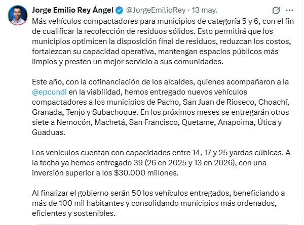 Más municipios de Cundinamarca recibirán compactadores para reforzar la recolección de residuos