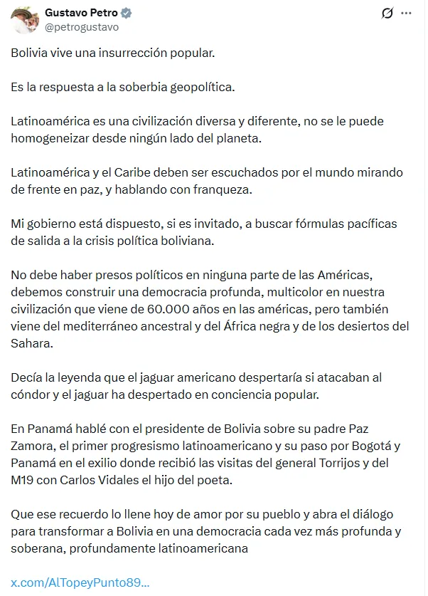 Bolivia respondió a Petro y rechazó declaraciones sobre una “insurrección popular”