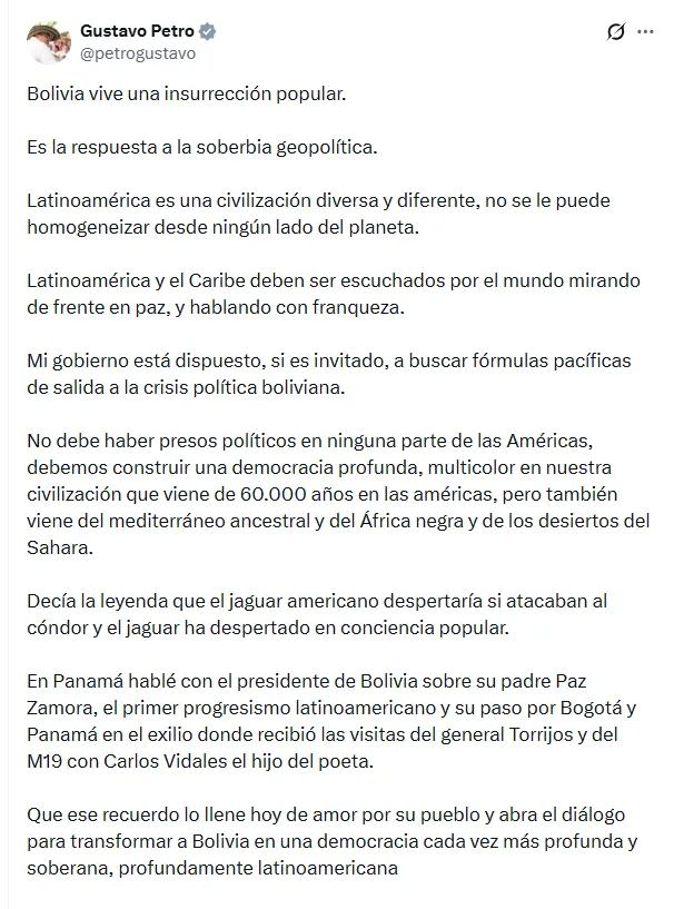 Bolivia expulsó a embajadora de Colombia tras declaraciones de Petro sobre crisis y protestas en ese país