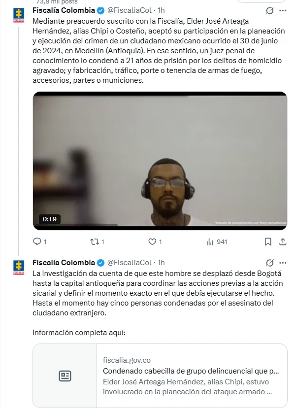 Condenan a alias “Chipi” por crimen de comerciante mexicano en Medellín; también está vinculado al caso Miguel Uribe