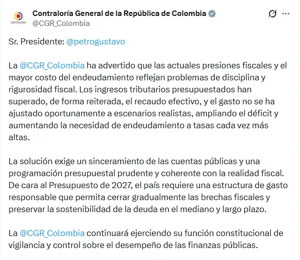 Contraloría alertó sobre deterioro en el financiamiento del Gobierno y trasladó alerta disciplinaria al MinHacienda
