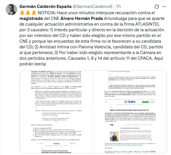 Recusan al magistrado Álvaro Hernán Prada en el CNE dentro del proceso contra AtlasIntel