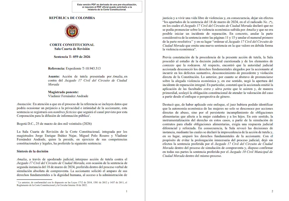 Corte Constitucional reconoció la inasistencia alimentaria como una forma de violencia económica y de género