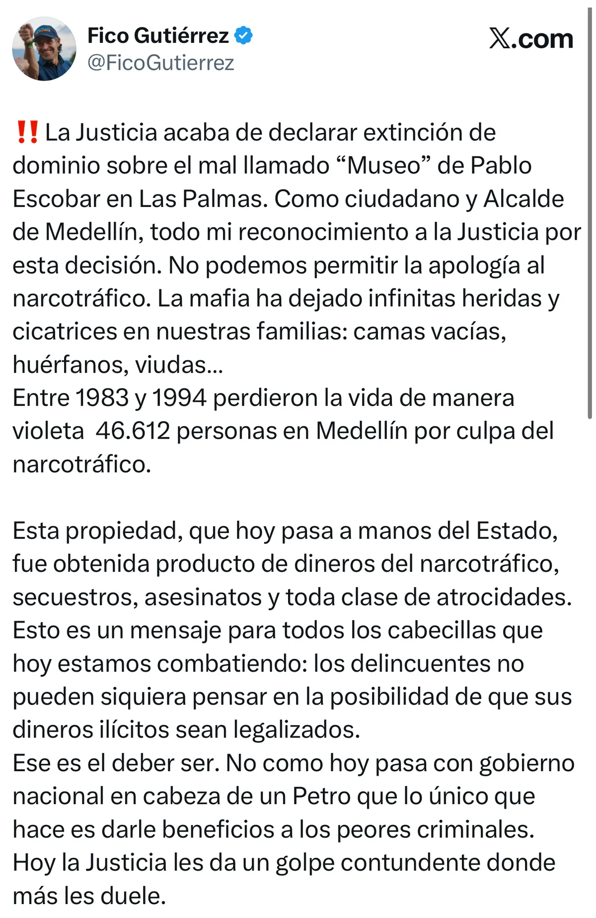 Justicia extingue dominio del “Museo” de Pablo Escobar en Medellín y Federico Gutiérrez celebra decisión contra la apología al narcotráfico
