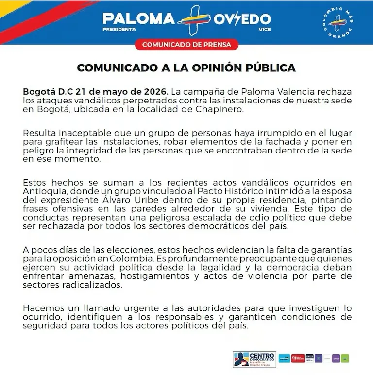 Ataque vandálico contra sede de campaña de Paloma Valencia y Juan Daniel Oviedo en Bogotá genera rechazo político
