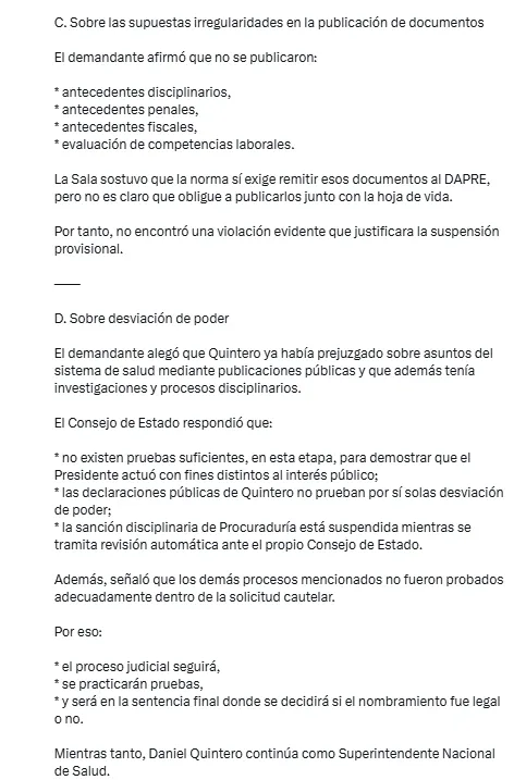 Consejo de Estado revisará demanda contra el nombramiento de Quintero en la SuperSalud
