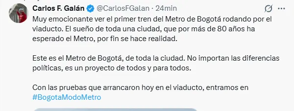 Primer tren del metro de Bogotá recorrió tramo del viaducto en primeras pruebas operativas de la Línea 1