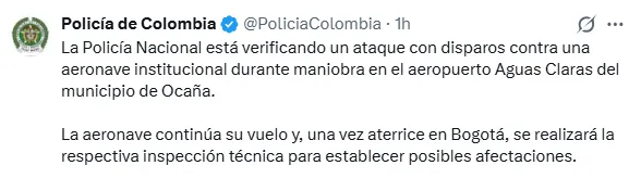 Disparos contra avión de la Policía en Ocaña dejaron tres uniformados heridos