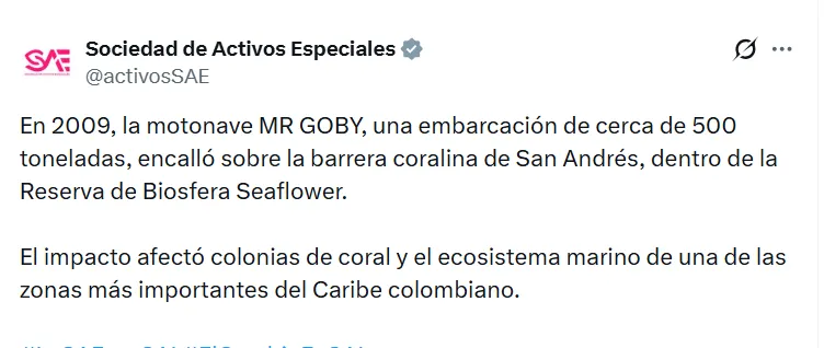SAE anunció retiro de embarcación encallada en arrecife de San Andrés y activó plan de recuperación ambiental