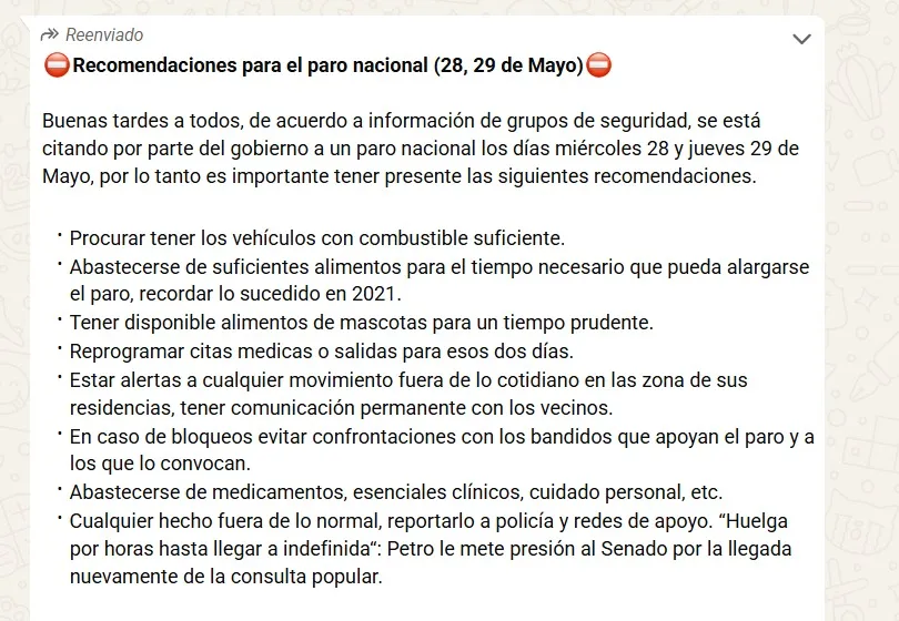 (DESDE LAS REDES) Está circulando una alerta sobre presuntas protestas y desmanes en Colombia