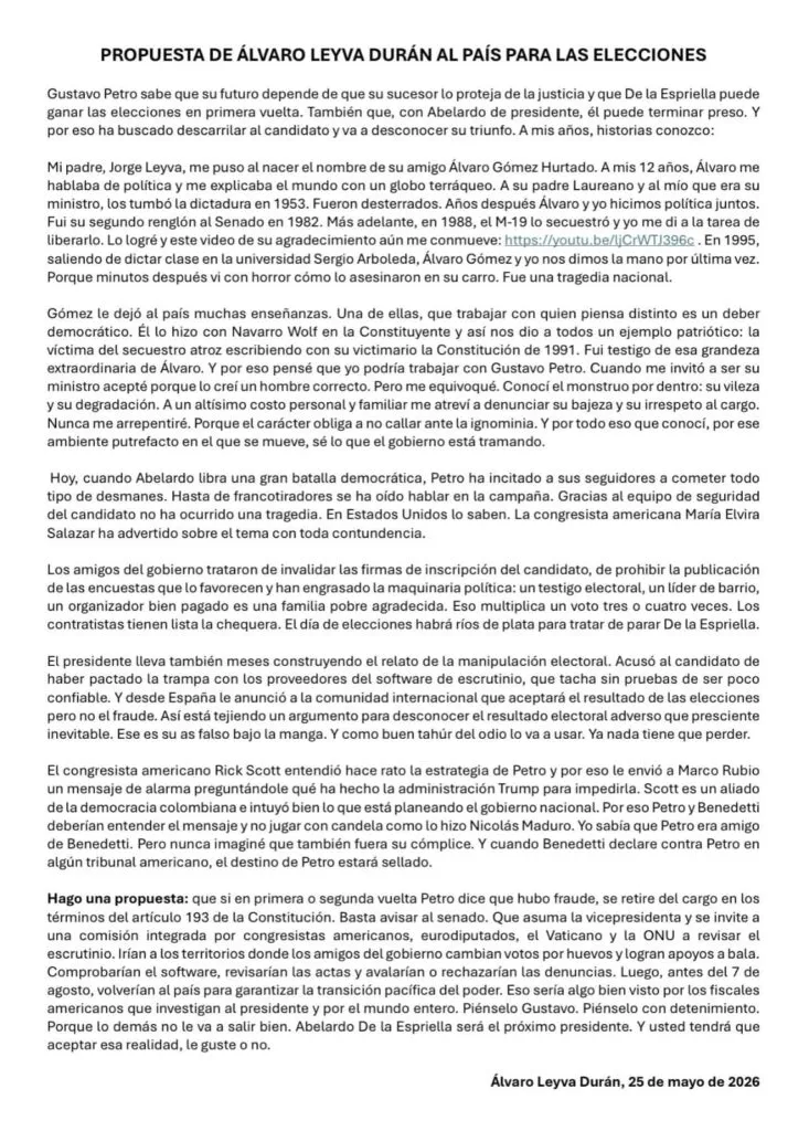 Álvaro Leyva publicó carta sobre panorama electoral y garantías para las elecciones
